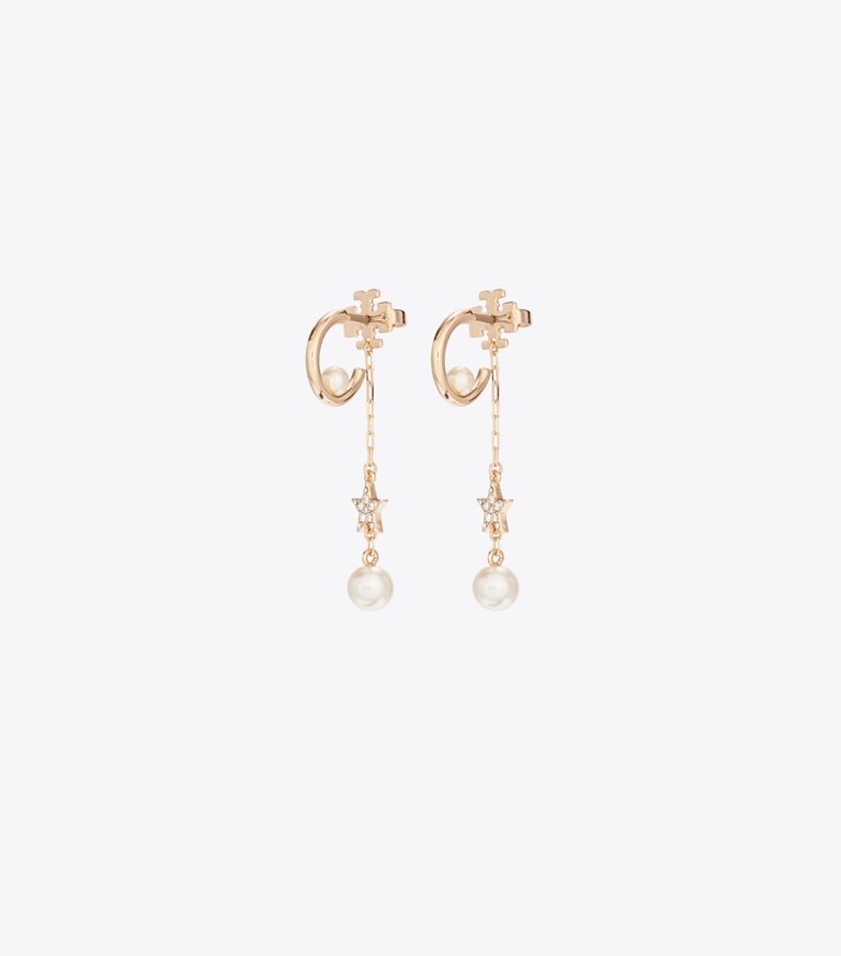 Tory Burch designer orecchini Orecchini a goccia Moondance con stelle e perle in Tory Gold / Cream front