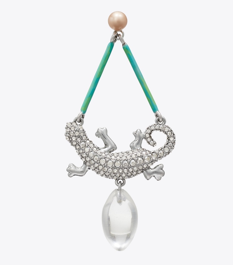 Tory Burch designer orecchini Orecchini a salamandra Curiosity in Antique Silver / Crystal dettaglio