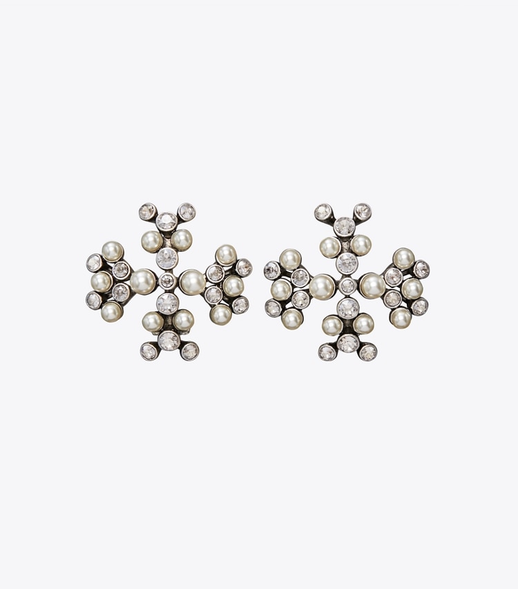 Tory Burch designer orecchini Orecchini Moondance con logo, perle e cristalli in Antique Tory Silver / Cream / Crystal front