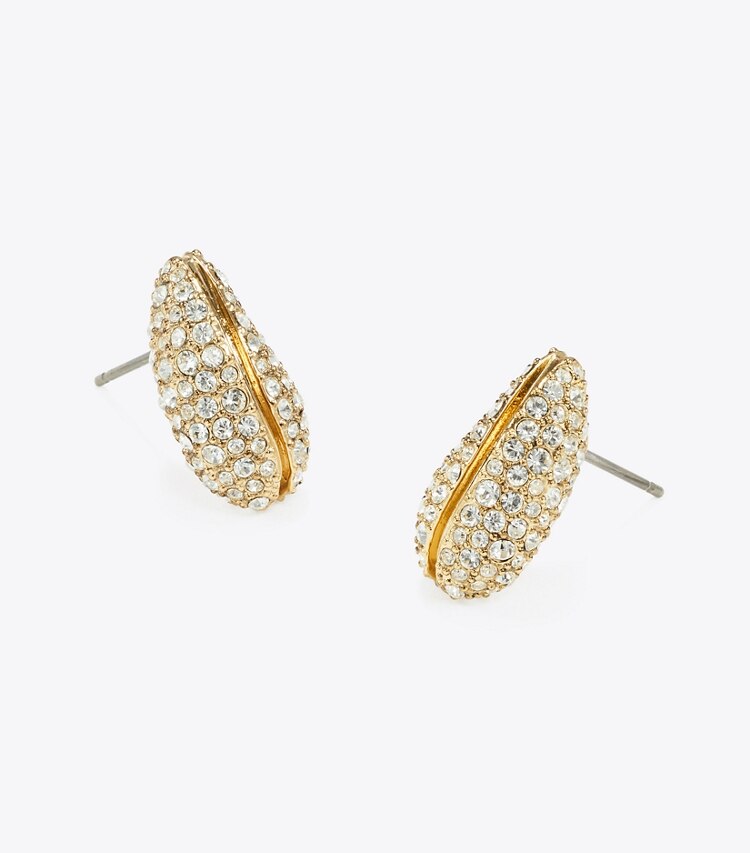 Tory Burch designer orecchini Orecchini Pierced con pavé formato petite in Light Brass / Crystal dettaglio