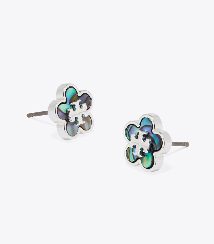Tory Burch designer orecchini Orecchino a borchia con fiore Forget Me Not in Light Silver / Abalone dettaglio