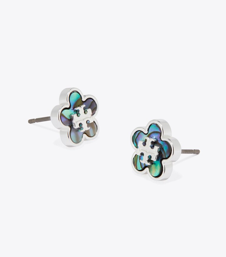 Tory Burch designer orecchini Orecchino a borchia con fiore Forget Me Not in Light Silver / Abalone dettaglio