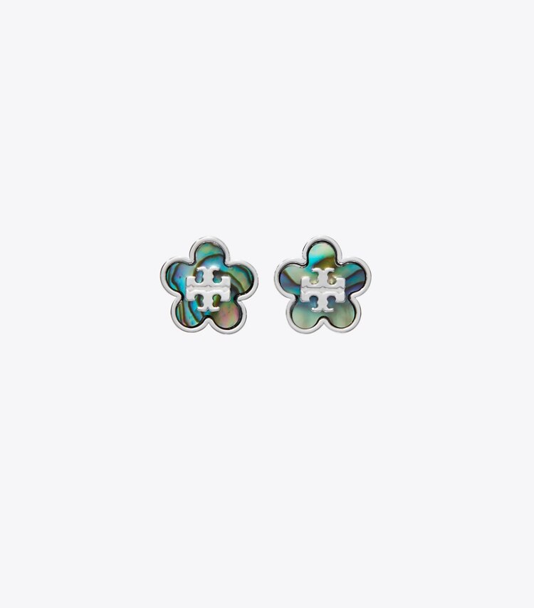 Tory Burch designer orecchini Orecchino a borchia con fiore Forget Me Not in Light Silver / Abalone front