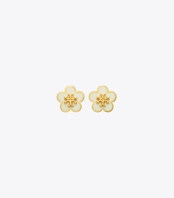 Tory Burch designer orecchini Orecchino a borchia Kira con fiore in smalto in Tory Gold / New Ivory front