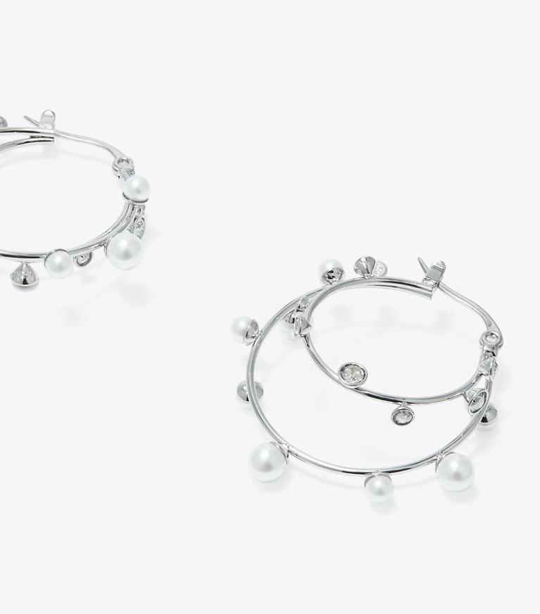 Tory Burch designer orecchini Orecchino a cerchio doppio con cristalli in Tory Silver / Pearl / Crystal front