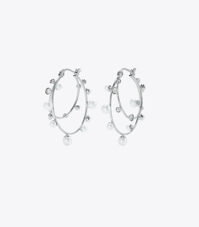 Tory Burch designer orecchini Orecchino a cerchio doppio con cristalli in Tory Silver / Pearl / Crystal front