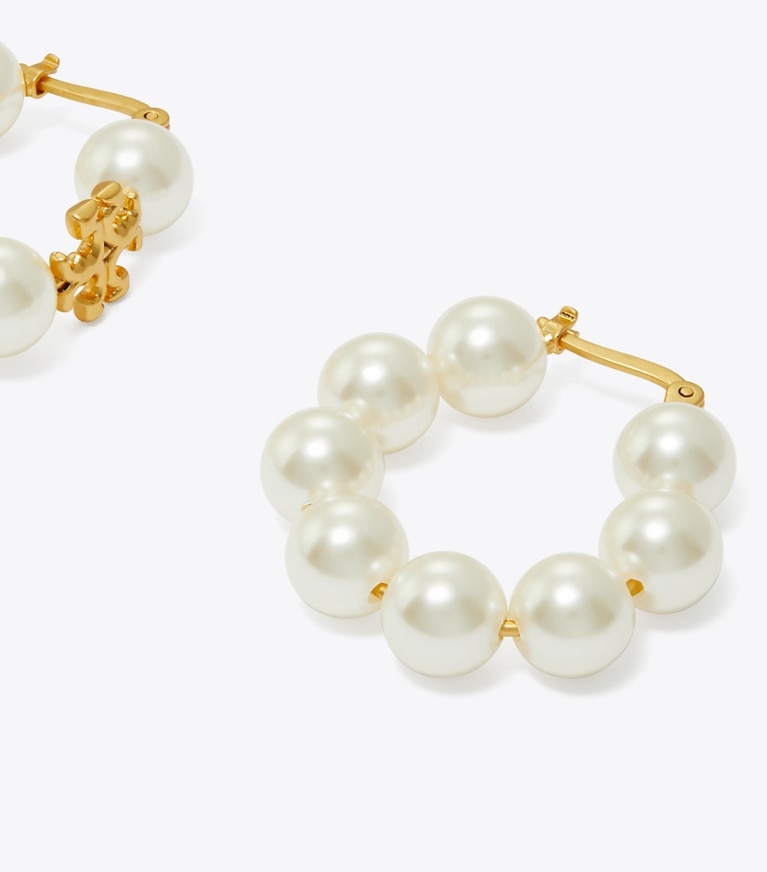 Tory Burch designer orecchini Orecchino a cerchio Kira con perle in Rolled Brass #59 / Ivory front
