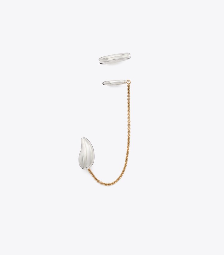 Tory Burch designer orecchini Orecchino ear cuff con catena Pierced in Light Brass / Light Silver front