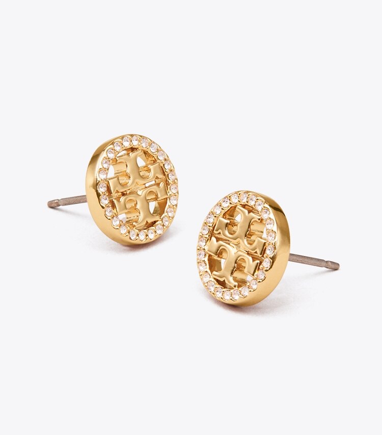 Tory Burch designer orecchini Orecchino Icon a borchia con pavé in Tory Gold/Crystal dettaglio