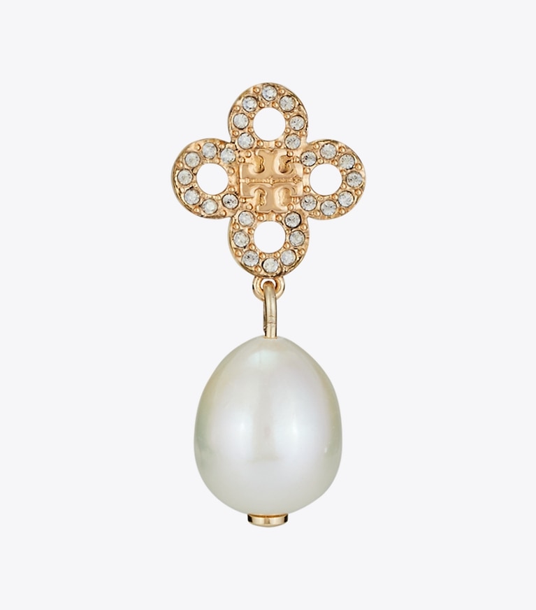 Tory Burch designer orecchini Orecchino Kira Clover con perla in Tory Gold / Pearl / Crystal front