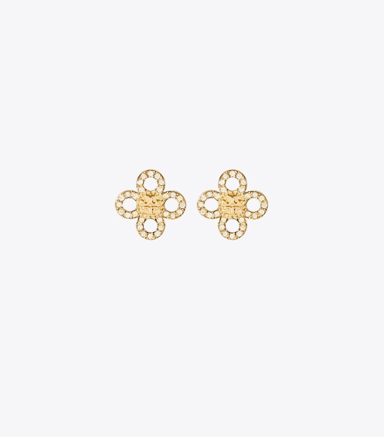 Tory Burch designer orecchini Orecchino piccolo a borchia Kira Clover con pavé in Tory Gold / Crystal front