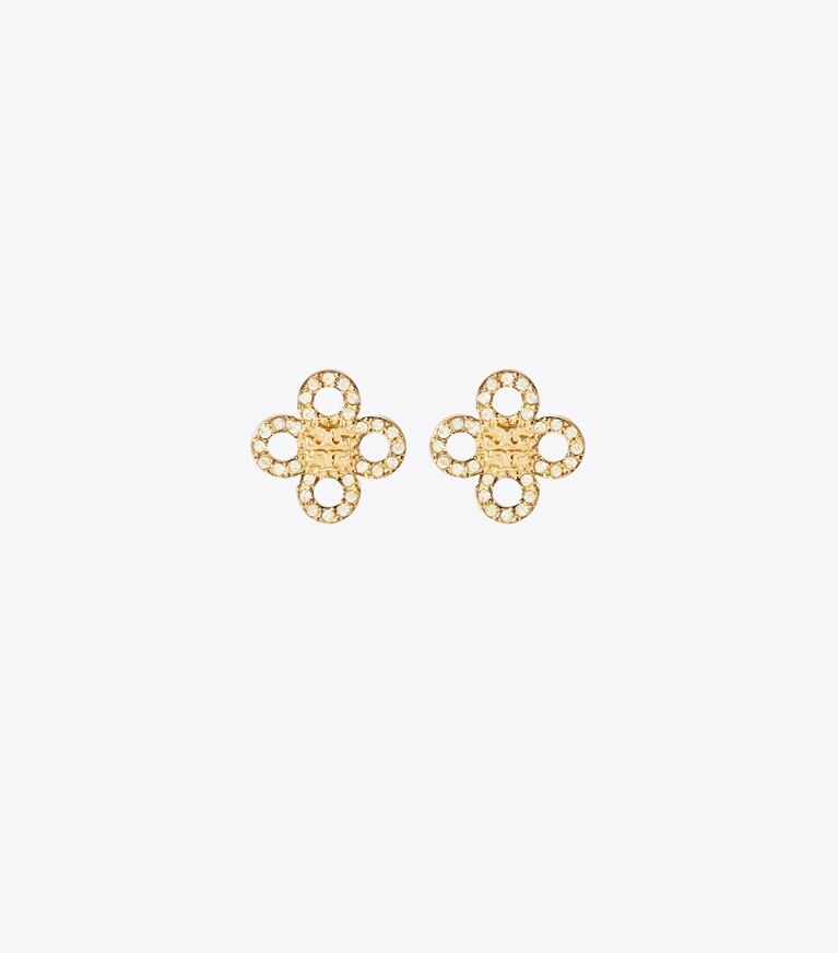 Tory Burch designer orecchini Orecchino piccolo a borchia Kira Clover con pavé in Tory Gold / Crystal front