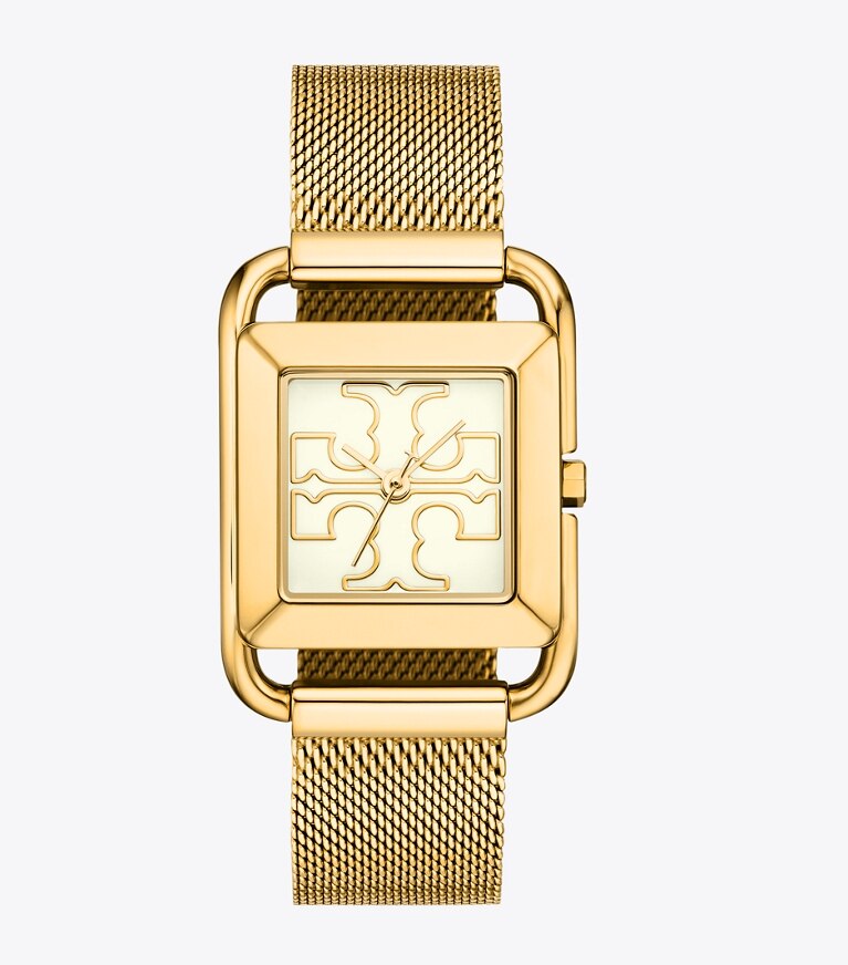 Tory Burch designer orologi da polso Orologio Miller, in acciaio inossidabile color oro e rete in IVORY/GOLD MESH front