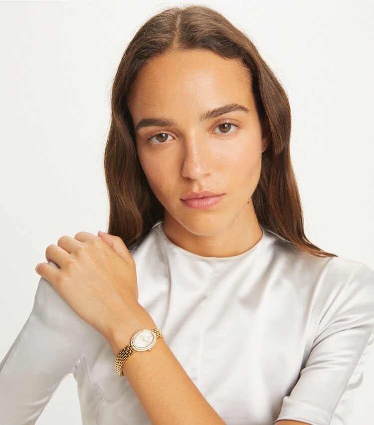 Tory Burch designer orologi da polso Orologio Oval in MOP/STONES/GOLD accessory on model