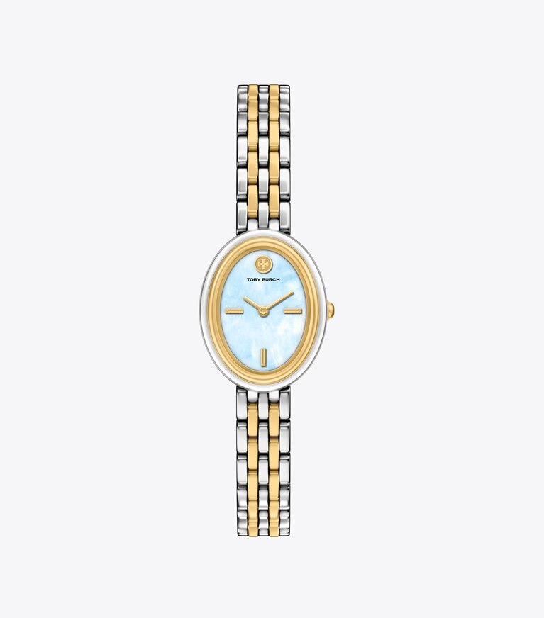 Tory Burch designer orologi da polso Orologio Oval in LIGHT BLUE MOP/GOLD/TWO-TONE front