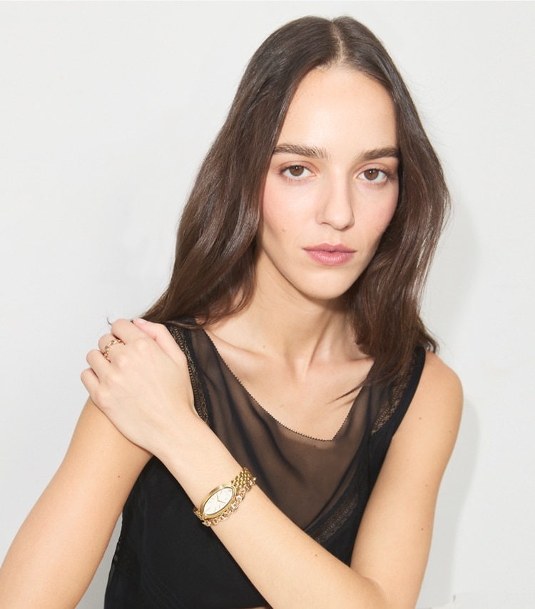 Tory Burch designer orologi da polso Orologio ovale allungato in IVORY/GOLD accessory on model