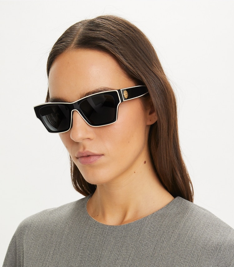 Tory Burch designer sunglasses & eyewear Outlined Rectangle Sunglasses in BLACK/IVORY/DARK GREY SOLID accessory on model