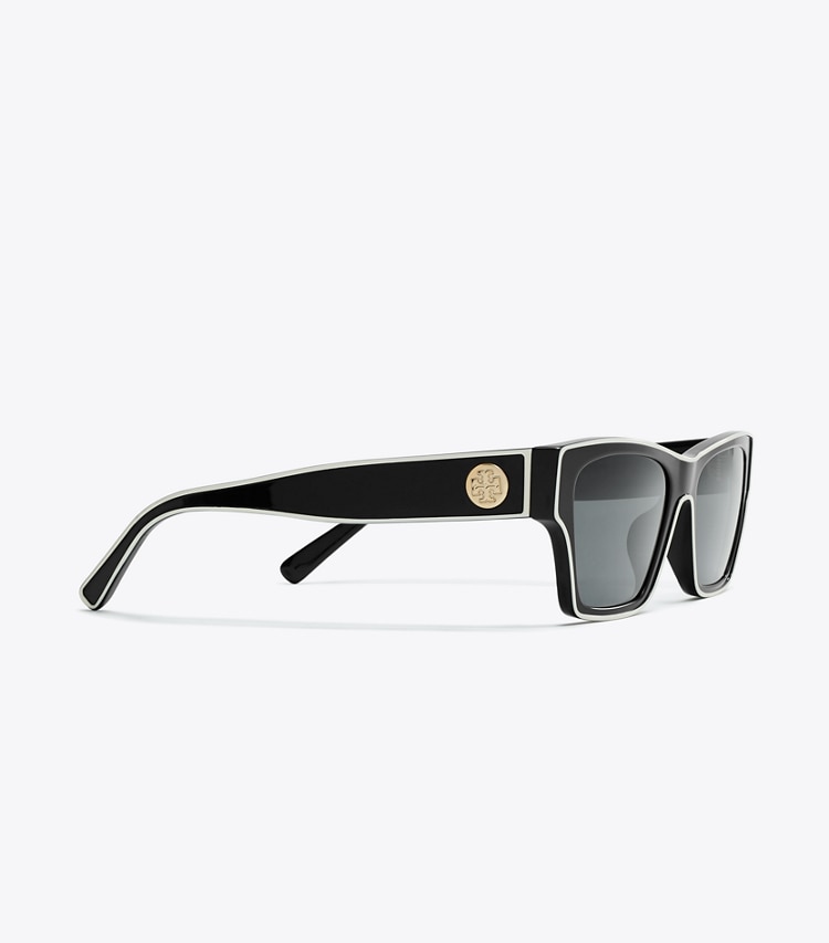 Tory Burch designer sunglasses & eyewear Outlined Rectangle Sunglasses in BLACK/IVORY/DARK GREY SOLID detail