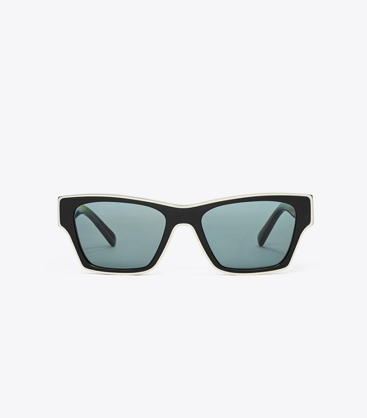 Tory Burch designer sunglasses & eyewear Outlined Rectangle Sunglasses in BLACK/IVORY/DARK GREY POLAR front