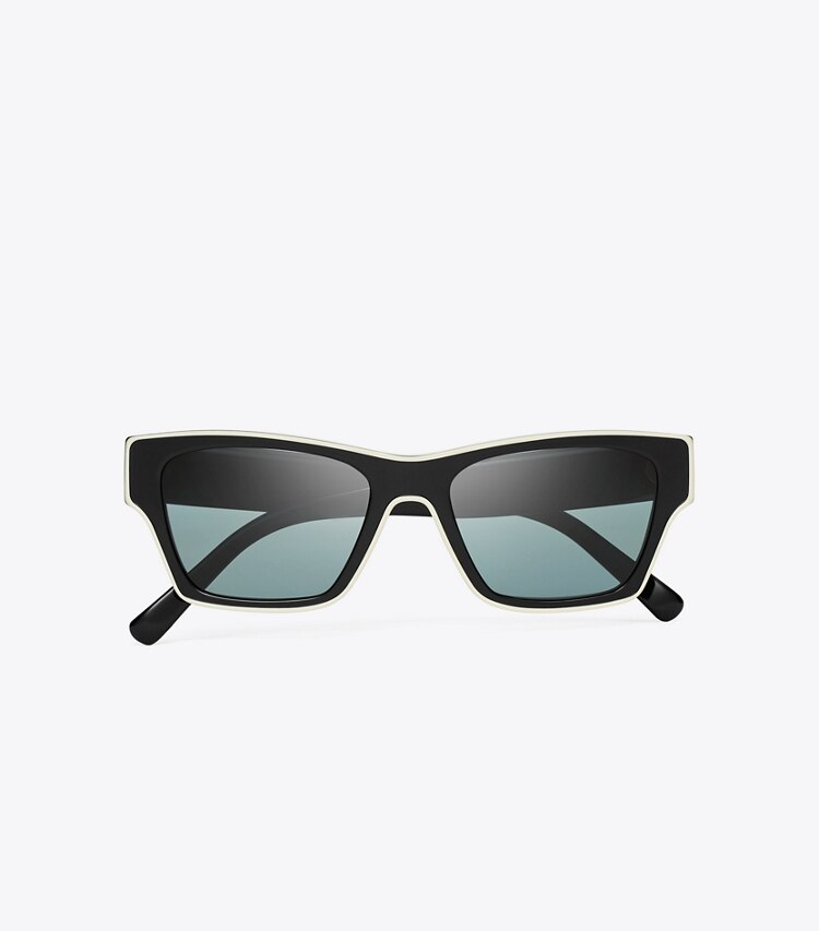 Tory Burch designer sunglasses & eyewear Outlined Rectangle Sunglasses in BLACK/IVORY/DARK GREY POLAR overhead