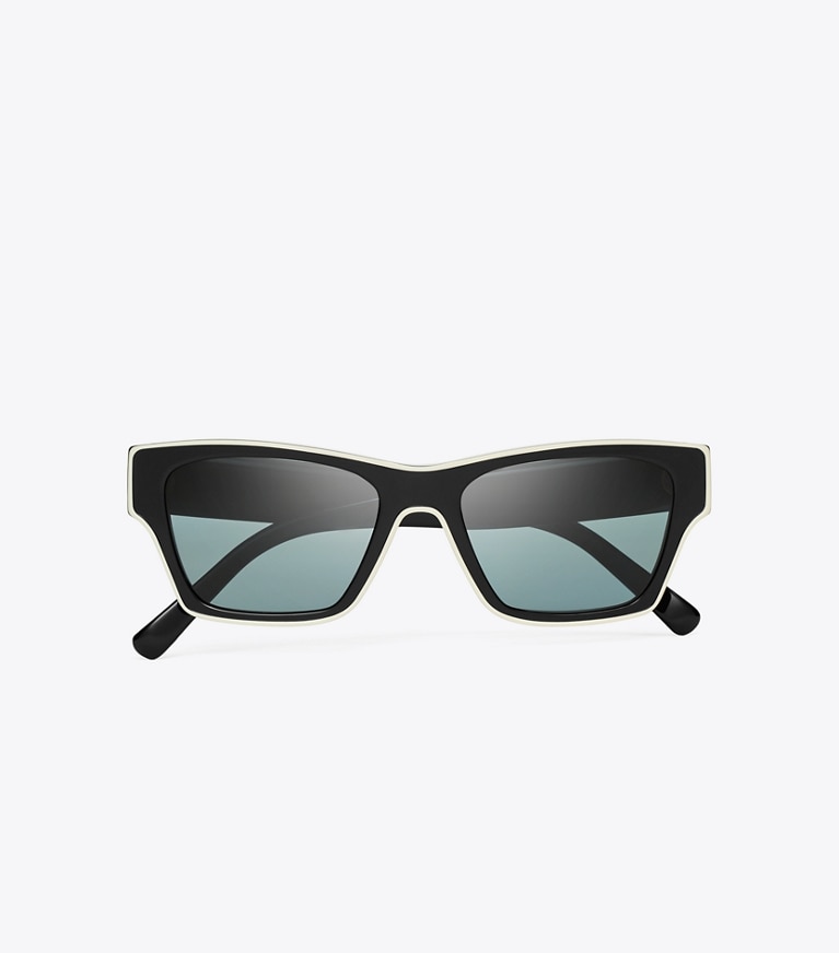 Tory Burch designer sunglasses & eyewear Outlined Rectangle Sunglasses in BLACK/IVORY/DARK GREY POLAR overhead