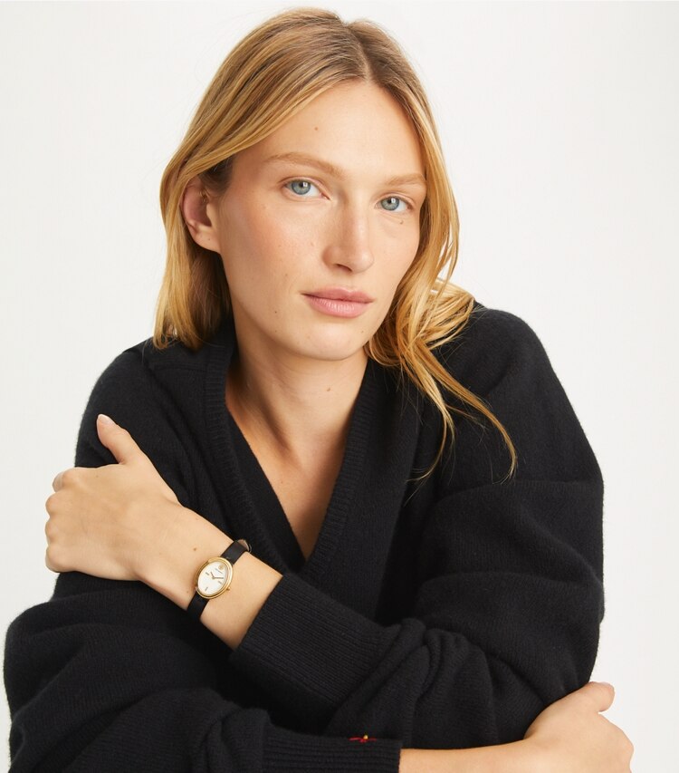 Tory Burch designer strap watches Oval Watch in BLACK/GOLD accessory on model