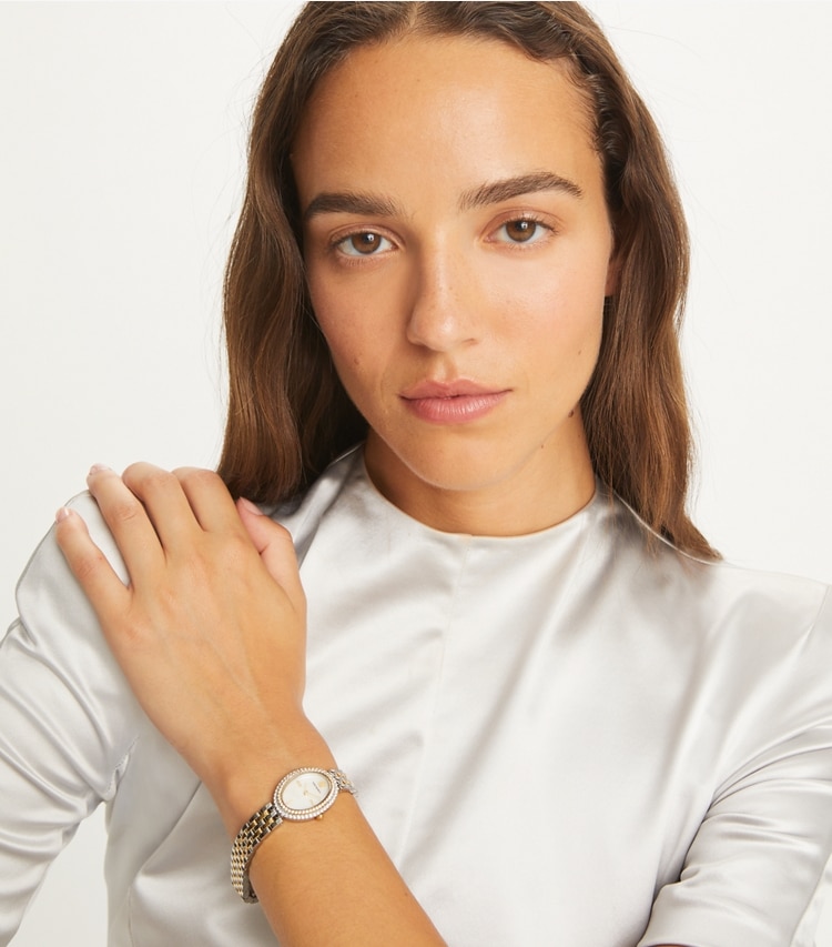 Tory Burch designer armbanduhren Oval Watch in MOP/STONES/TWO-TONE accessory on model