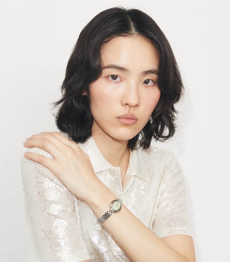 Tory Burch designer strap watches Oval Watch in MINT GREEN MOP/SILVER accessory on model