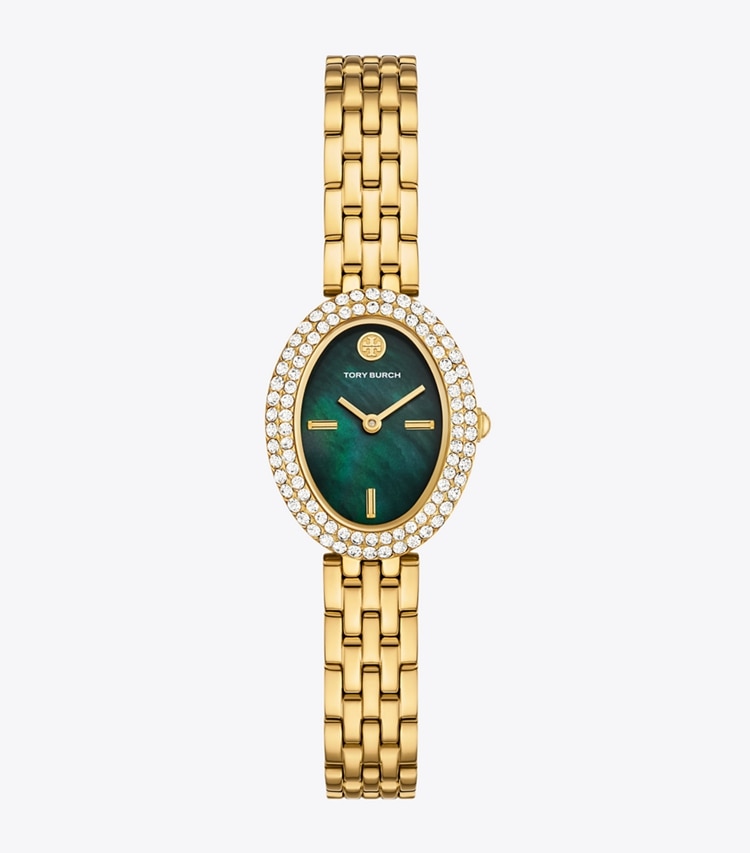 Tory Burch designer armbanduhren Oval Watch in GREEN-TINTED MOP/STONES/GOLD front