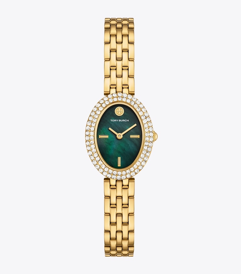 Tory Burch designer armbanduhren Oval Watch in GREEN-TINTED MOP/STONES/GOLD front