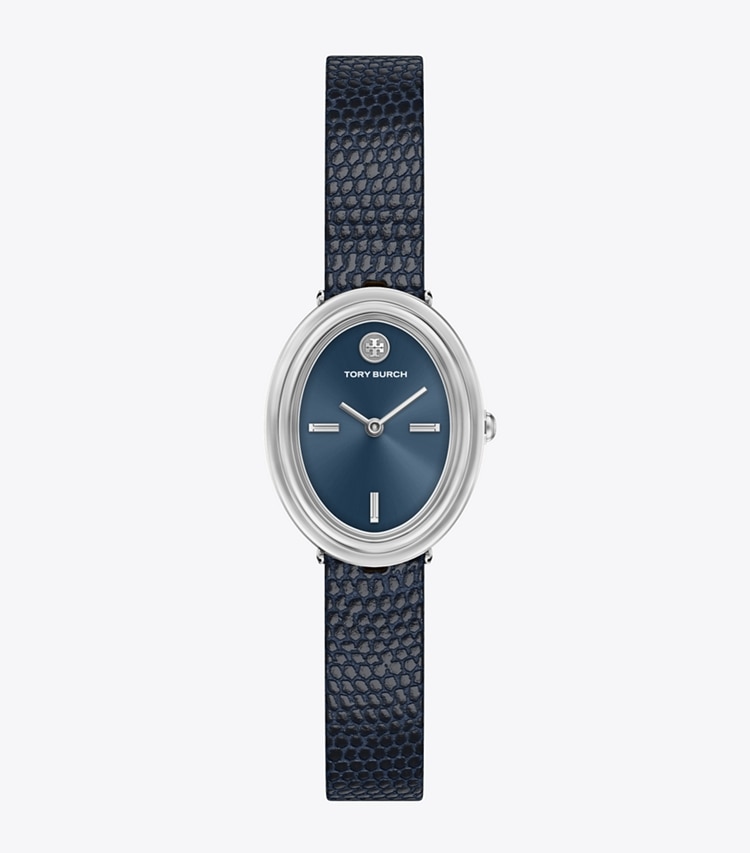 Tory Burch designer strap watches Oval Watch in BLUE STEEL/BLUE FAUX LIZARD/SILVER front