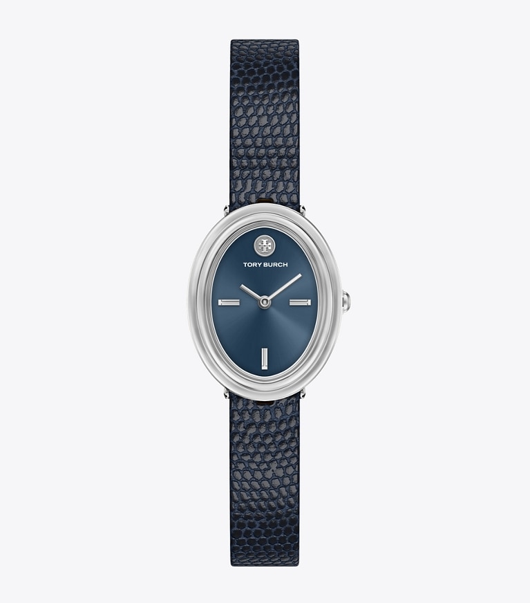 Tory Burch designer strap watches Oval Watch in BLUE STEEL/BLUE FAUX LIZARD/SILVER front