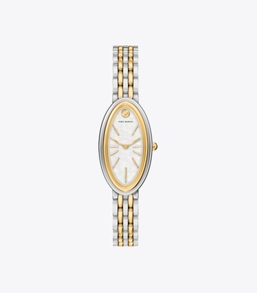 Tory Burch designer armbanduhren Ovale Armbanduhr in länglicher Form in MOP/TWO-TONE front