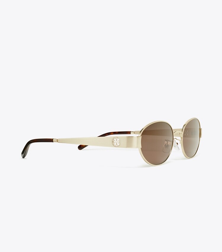 Tory Burch designer sonnenbrillen & brillen Ovale Miller Sonnenbrille aus Metall in BRUSHED LIGHT GOLD/DARK BROWN detail