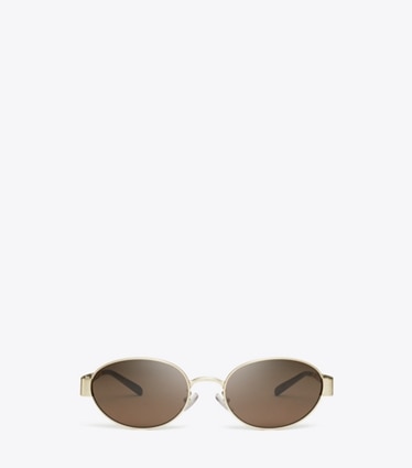 Tory Burch designer sonnenbrillen & brillen Ovale Miller Sonnenbrille aus Metall in BRUSHED LIGHT GOLD/DARK BROWN front
