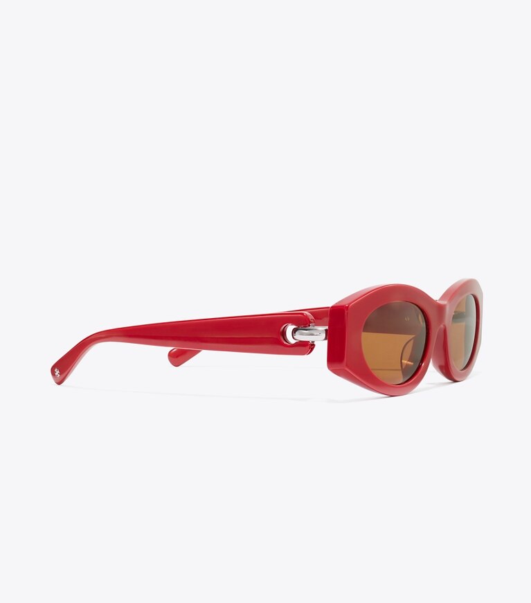 Tory Burch designer sonnenbrillen & brillen Ovale Sonnenbrille mit Piercingdetail in RED/DARK BROWN detail