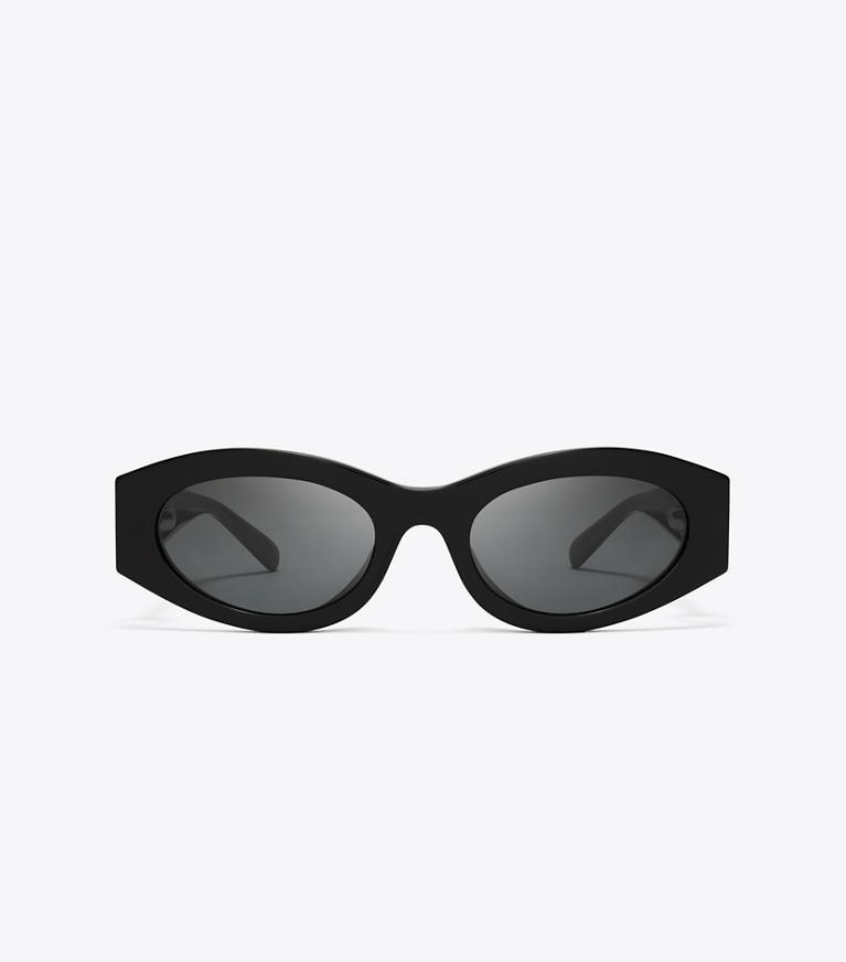 Tory Burch designer sonnenbrillen & brillen Ovale Sonnenbrille mit Piercingdetail in BLACK/DARK GREY front