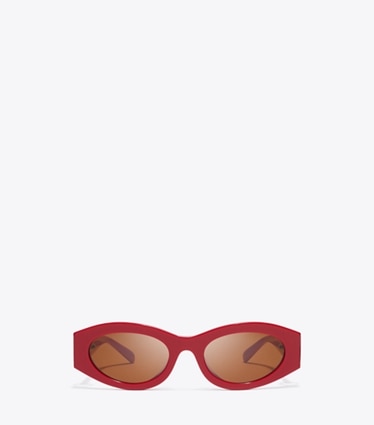 Tory Burch designer sonnenbrillen & brillen Ovale Sonnenbrille mit Piercingdetail in RED/DARK BROWN front