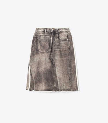 Tory Burch designer bottoms Overprinted Deconstructed Denim Skirt in Soft Sable Brown front