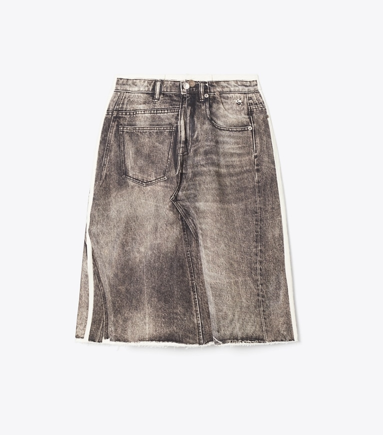 Tory Burch designer bottoms Overprinted Deconstructed Denim Skirt in Soft Sable Brown front