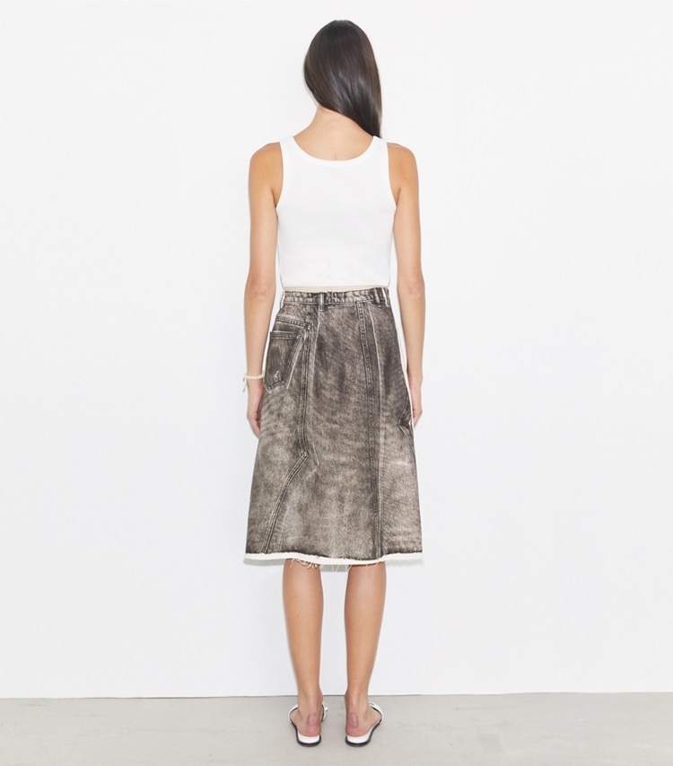 Tory Burch designer bottoms Overprinted Deconstructed Denim Skirt in Soft Sable Brown on model back