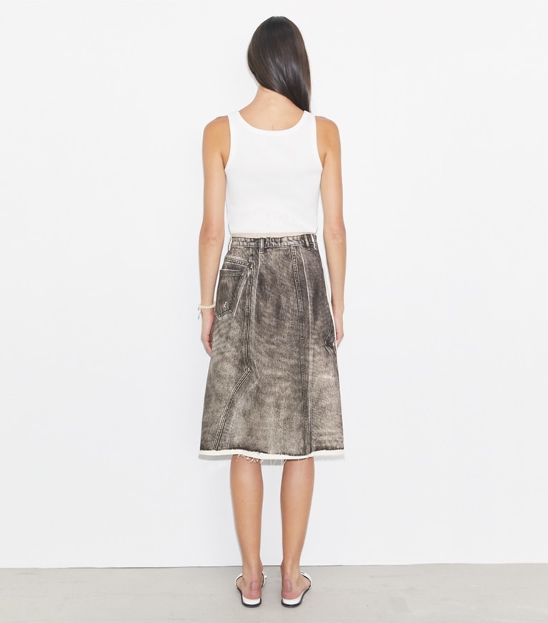 Tory Burch designer bottoms Overprinted Deconstructed Denim Skirt in Soft Sable Brown front