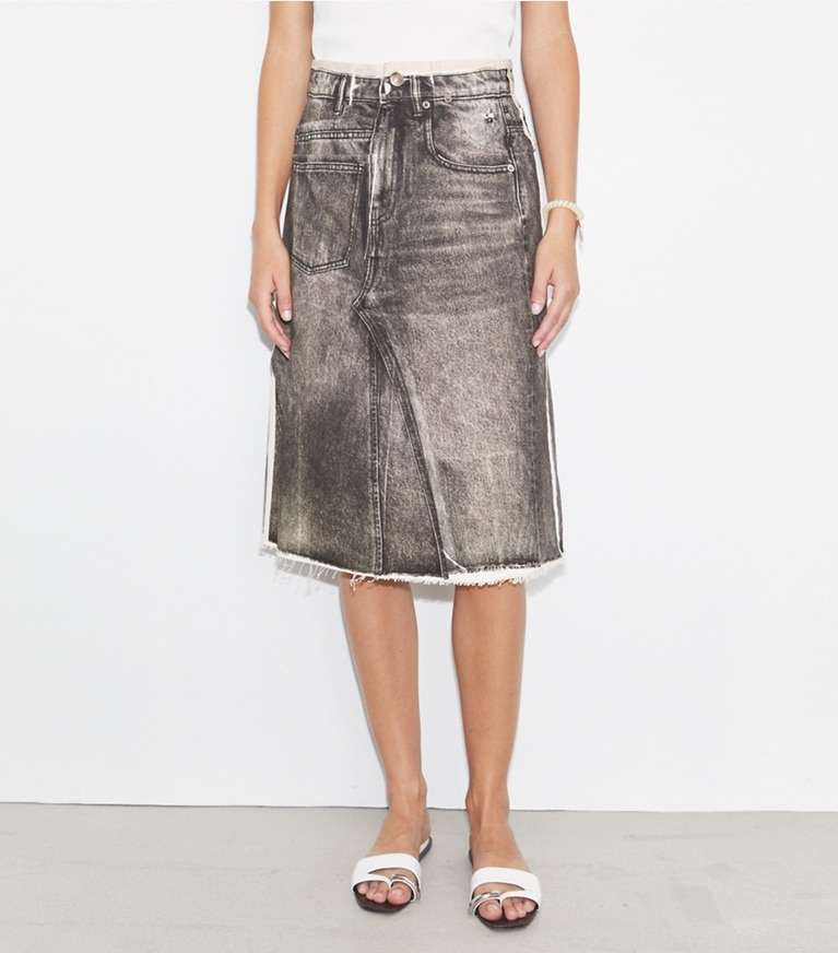 Tory Burch designer bottoms Overprinted Deconstructed Denim Skirt in Soft Sable Brown front
