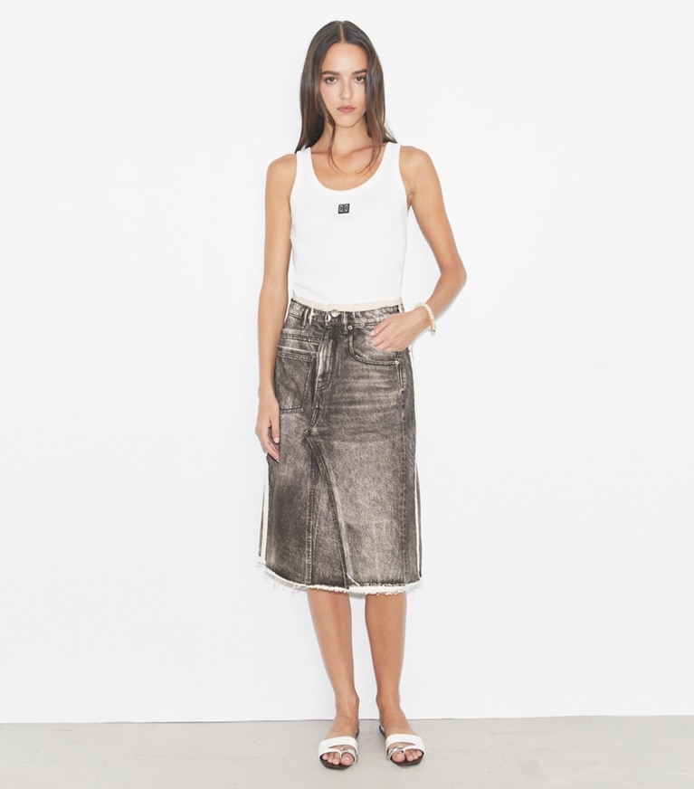 Tory Burch designer bottoms Overprinted Deconstructed Denim Skirt in Soft Sable Brown front