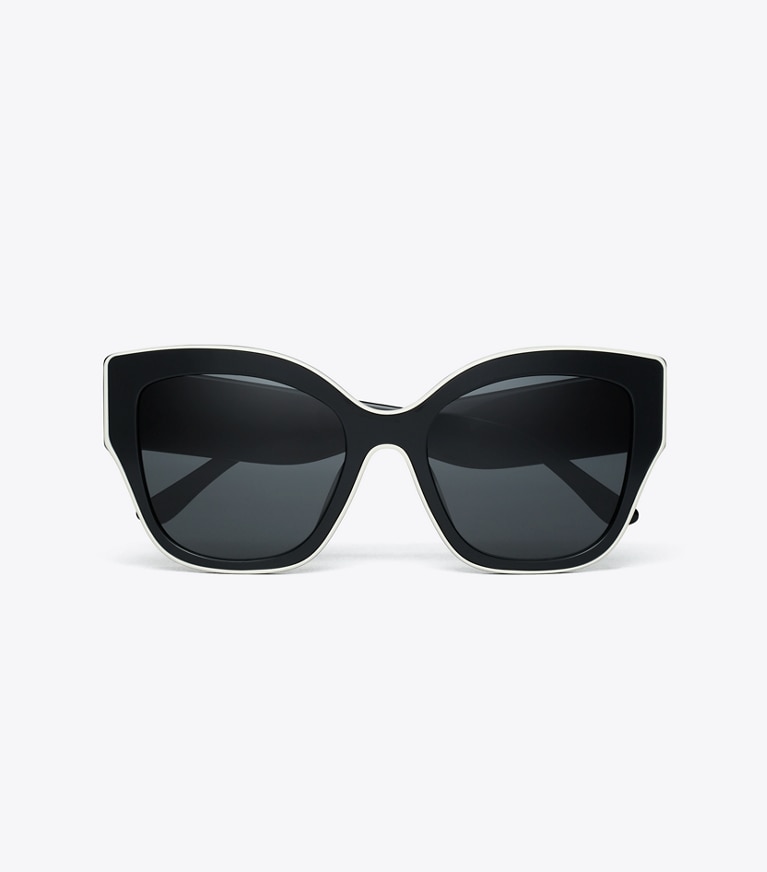 Tory Burch designer sonnenbrillen & brillen Oversize-Cateye-Sonnenbrille in BLACK W/IVORY PIPING/SOLID GREY front