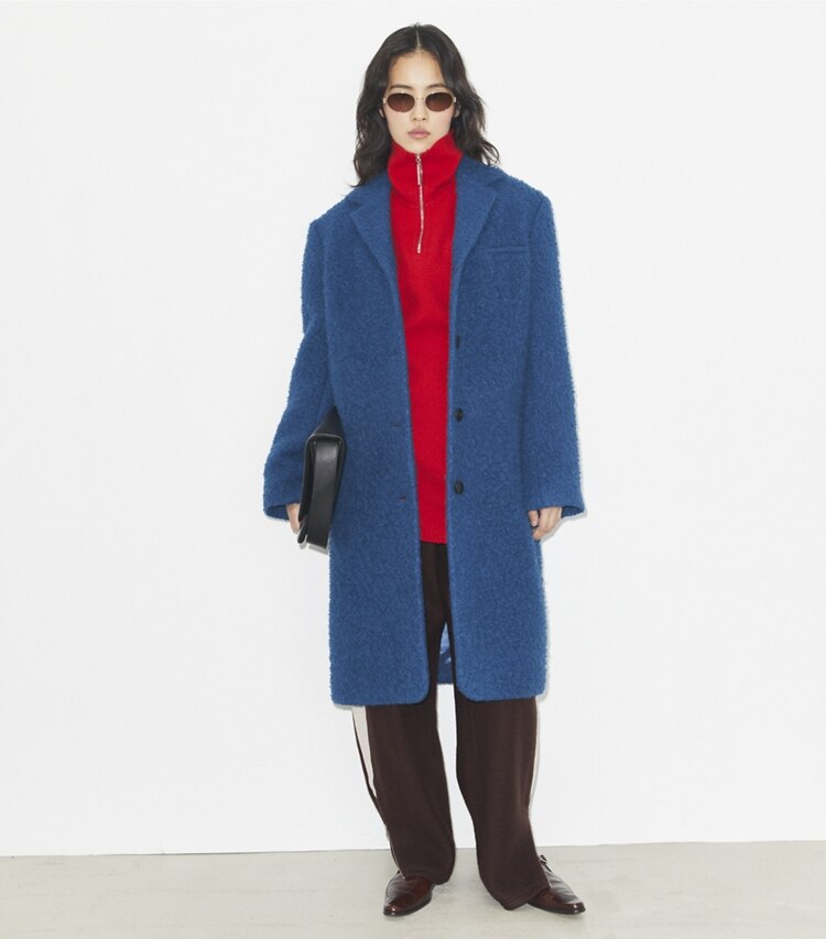 Tory Burch designer mäntel Oversize-Mantel aus Wolle in Bright Blue modell von vorn