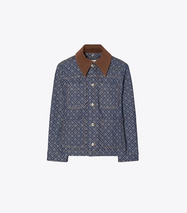 Tory Burch designer ジャケット オーバーサイズ コットン バーン ジャケット in T-Monogram Stone Wash front