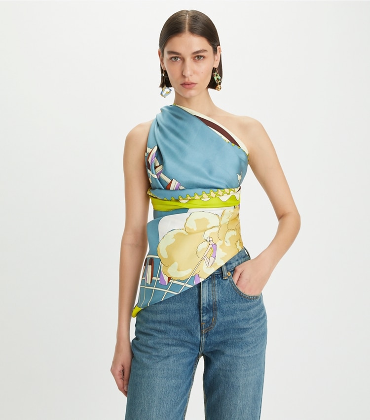 Tory Burch designer scarves Oversized Ferris Wheel Silk Square in Blue accessory on model