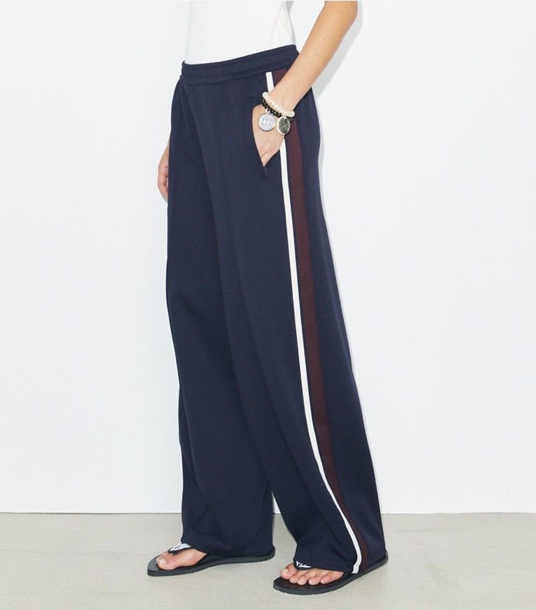 Tory Burch designer bottoms Oversized Jersey Track Pant in Medium Navy front