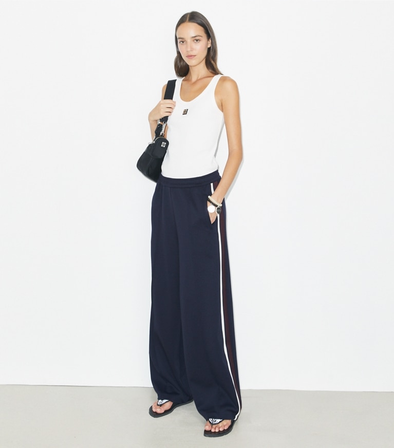 Tory Burch designer bottoms Oversized Jersey Track Pant in Medium Navy front